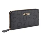 Billetera Guess modelo Isabella de formato rectangular con cierre perimetral. Presenta un diseño en color negro con estampado monograma de la marca y logo metálico en la parte frontal.