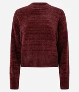 Suéter de punto chenille color bordó, con cuello redondo alto, mangas largas y puños y ruedo acanalados. Presenta una textura acanalada horizontal en el cuerpo y las mangas.