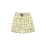Short de baño Eme Studios con estampado houndstooth en tonos amarillo y gris, cordón ajustable azul marino en la cintura y parche con logo de la marca en la pierna.