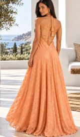 Vestido largo rosado con escote en V halter, tirantes finos y falda fluida amplia. Presenta bordados artesanales a mano con detalles brillantes en toda la prenda y cordón frontal ajustable con borlas.