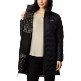 Campera larga negra marca Columbia con capucha, tecnología Omni-Heat de reflectividad térmica y costuras termoselladas Heat Seal resistentes al agua.