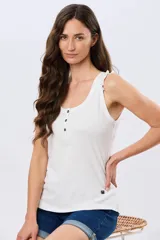 Musculosa lisa blanca de algodón con escote redondo, cierre frontal parcial con botones y detalle de volados en los tirantes.