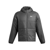 Campera puffer gris con capucha y cierre frontal, con logo de Under Armour en el pecho.
