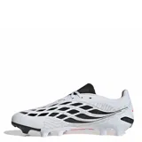 Championes de fútbol Adidas Predator League FG, color blanco con detalles en fucsia y negro. Cuentan con capellada de malla liviana, elementos de goma Nanostrike para mayor precisión, cordones blancos y suela con tapones para terreno firme.