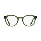 Lentes de receta con armazón de acetato en color verde oliva, de diseño redondeado y estilo clásico.