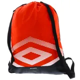 Mochila tipo saco Umbro, color rojo con base negra y estampado gráfico de líneas blancas en forma de diamante. Cuenta con cierre de cordones y correas ajustables.