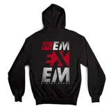 Campera con capucha y cierre frontal, color gris melange. Presenta un pequeño estampado rectangular en el pecho con el logo de la marca en color rojo y blanco.