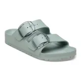 Sandalias Birkenstock modelo Arizona Big Buckle EVA, color verde claro, con dos tiras ajustables con hebillas grandes transparentes.