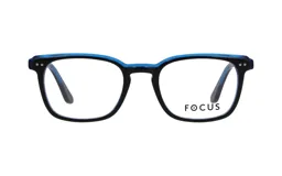 Armazón de anteojos Focus Premium modelo 4185, con diseño rectangular de frente negro y detalles en azul traslúcido en la parte superior y patillas.