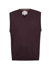Chaleco de punto color bordó con cuello en V, confeccionado en una mezcla de lana y cashmere. Presenta un diseño sin mangas con terminaciones acanaladas y el logo de la marca bordado en el pecho.