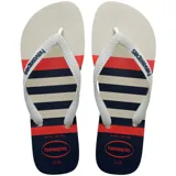 Ojotas Havaianas Top Nautical con base blanca a rayas horizontales rojas y azules, tiras blancas con logo de la marca en relieve y suela azul marino.