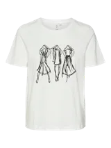 Remera de cuello redondo y mangas cortas, con estampa frontal en trazo negro que representa tres figuras femeninas. Confeccionada en algodón orgánico de calce regular.