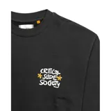 Buzo de cuello redondo en color negro, con diseño de estampa gráfica pequeña en el pecho que incluye texto y flores amarillas.