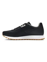 Championes Under Armour modelo W Essential Runner, de diseño retro en color negro con detalles en blanco y suela color caramelo. Presentan una parte superior de nailon con revestimientos de gamuza, plantilla de espuma y entresuela de EVA acolchada.