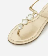 Sandalia plana color dorado, con diseño de tiras finas y aplicación de pedrería decorativa en la parte central. Cuenta con cierre de hebilla lateral ajustable.