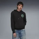 Buzo con capucha Puma, color negro, con bolsillo tipo canguro y estampado circular en el pecho que combina el logo de la marca con un diseño de rayos en color turquesa.