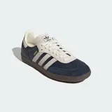 Championes Adidas Samba OG, color azul marino con detalles en beige y suela marrón. Diseño clásico de cuero y gamuza con las tres tiras laterales características de la marca.
