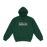 Canguro verde oscuro con capucha y bolsillo delantero tipo canguro. Estampado frontal con el logo de la marca en color rosa y blanco.