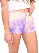 Short de pijama de tiro alto con elástico en la cintura, estampado tie-dye en tonos lila, amarillo y blanco.