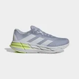 Championes de running Adidas Adistar 3, color gris claro con tres franjas blancas en los laterales. Presentan una mediasuela gruesa blanca con detalles en verde lima fluorescente en la parte trasera, donde se lee "REPETITOR".