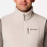 Chaleco de forro polar Columbia con cierre frontal completo, cuello alto, bolsillo con cremallera en el pecho y bolsillos laterales con cremallera.