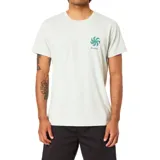 Remera de manga corta color beige claro con cuello redondo. Presenta un pequeño estampado frontal en color verde azulado que incluye un diseño de espiral y la palabra "Katin".