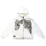 Campera de felpa color crema con cierre metálico y capucha. Diseño con estampado gráfico en el frente.