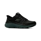 Championes deportivos Skechers modelo D'Lux Walker 3.0, color negro con entresuela en tono gris oscuro. Presentan tecnología Slip-ins para un calce fácil, parte superior de tejido knit técnico con refuerzos sintéticos y cordones elásticos fijos. Incluyen plantilla Air-Cooled Memory Foam y diseño Relaxed Fit para mayor amplitud.