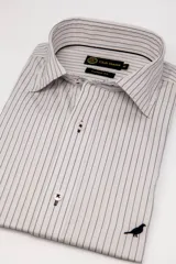 Camisa de vestir Club House de corte clásico, color celeste con sutiles rayas verticales oscuras, cuello italiano corto y bordado de un pájaro en el frente.