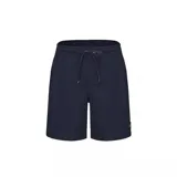 Bermuda de baño color azul marino, con cintura elástica ajustable mediante cordón y pequeño logo de marca en la parte inferior de la pierna izquierda.