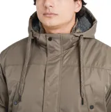 Campera de abrigo Oneill modelo East, color marrón, con capucha ajustable, cierre frontal con solapa y botones a presión, y bolsillos frontales con solapa.