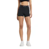 Short deportivo negro de tiro alto, con cintura elástica con logo de la marca.