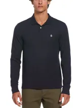 Polo de manga larga Original Penguin de piqué de algodón orgánico color azul marino, con cuello clásico, tapeta de dos botones y logo bordado en el pecho.