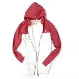Campera con capucha color salmón y blanco con cierre frontal y bolsillos laterales.
