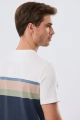 Remera de algodón de corte clásico y manga corta, con diseño de franjas horizontales en tonos azul, beige, verde y azul marino sobre base blanca.