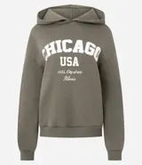 Buzo con capucha de algodón afelpado, color gris topo, con estampado frontal de letras blancas estilo universitario. Presenta mangas largas con puños acanalados y ruedo también acanalado.