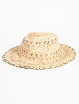 Sombrero de papiro color beige, con ala ancha y detalle de bordado en marrón y blanco.