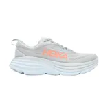 Championes de running Hoka modelo Bondi, color gris claro con detalles en naranja. Presentan una suela de plataforma gruesa con amortiguación, parte superior de malla técnica transpirable y logo de la marca en el lateral.