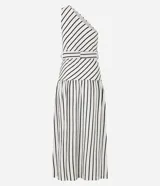 Vestido midi blanco con rayas verticales negras, escote asimétrico de un solo hombro, lazo en la cintura y falda acampanada.