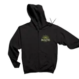 Campera con cierre frontal y capucha, color negro, con estampado gráfico en el pecho que incluye un sol y la palabra MATE.