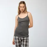 Camiseta de tirantes de tejido acanalado en color gris, con escote en V y detalle de puntilla en el borde.