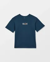 Remera azul oscuro con diseño gráfico en la espalda que incluye un pez bajo una sombrilla, un sol y la inscripción Volcom.