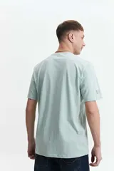 Remera básica de algodón color gris claro, con cuello redondo y logo estampado en el pecho en tonos verdes.