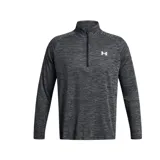 Buzo deportivo Under Armour Tech Textured 1/2 Zip de hombre, color gris melange con diseño texturizado, cuello alto con cierre parcial y manga larga raglán. Presenta el logo de la marca estampado en blanco en el pecho.