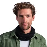 Cuello multifuncional de lana merino color negro, de diseño ligero y versátil, ideal para actividades al aire libre.