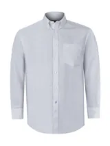 Camisa de manga larga RKF de corte regular fit, con diseño a rayas finas en tonos celestes y grises. Presenta cuello button-down, cierre frontal con botones, un bolsillo en el pecho con el logo bordado y detalles bordados en el puño.