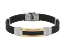 Pulsera de goma negra con detalles de acero plateado y dorado.