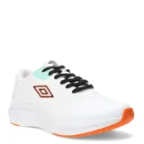 Championes deportivos Umbro modelo Marathon, color blanco con detalles en naranja y turquesa. Presentan cordones negros, logo de la marca en el lateral y suela de goma naranja.