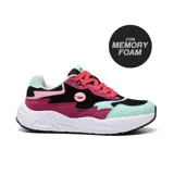 Championes deportivos Hi-Tec Lea con capellada multicolor en tonos rosa, fucsia, negro y verde agua. Posee cordones rosas y suela blanca con tecnología memory foam.