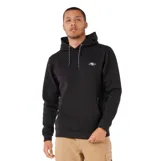 Canguro Rip Curl modelo Vaporcool Mf de color negro, con capucha con cordones ajustables estampados, bolsillo frontal tipo canguro y pequeño logo blanco bordado en el pecho.